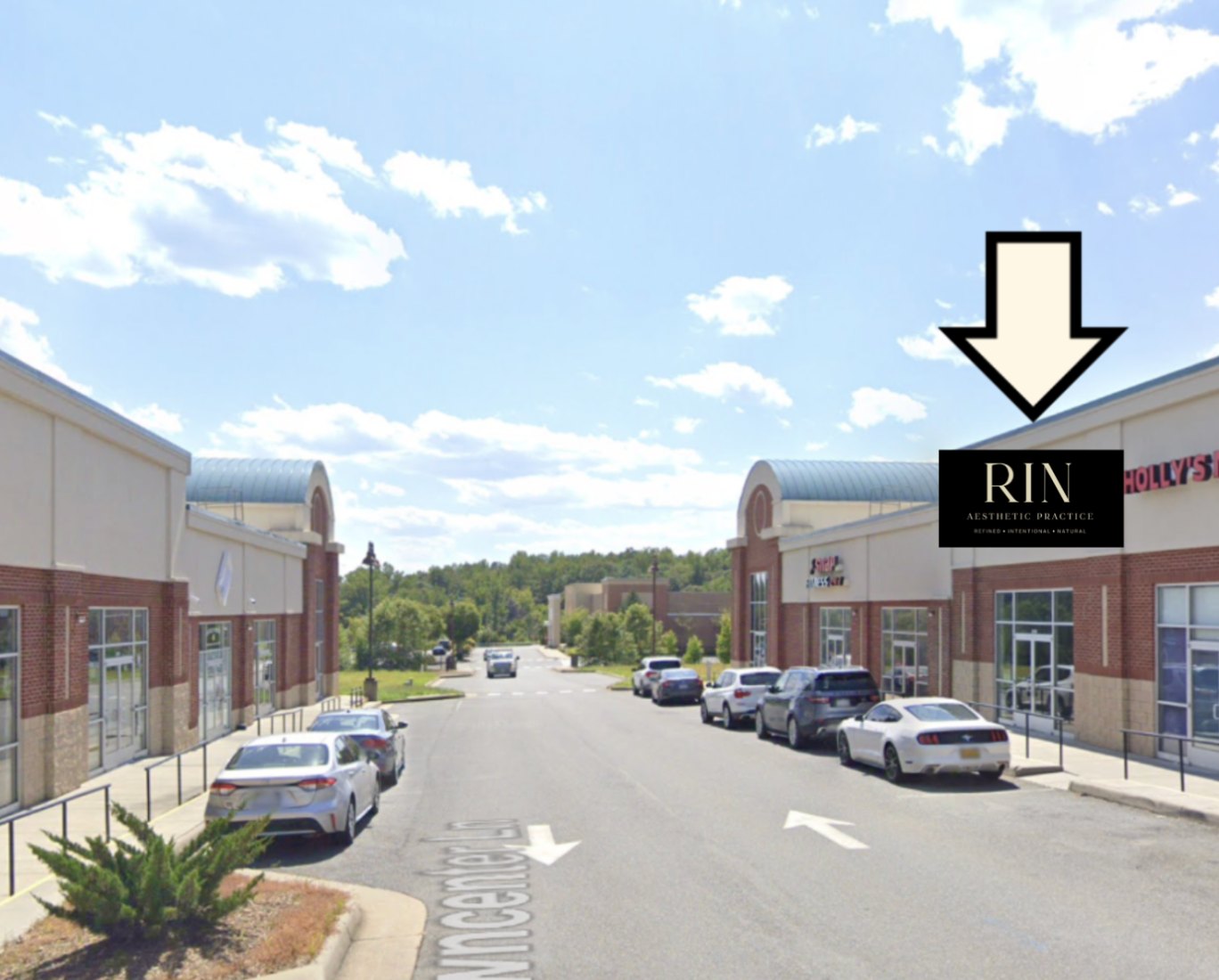 The RIN Aesthetic Practice storefront on Towncenter Lane, with the entrance marked