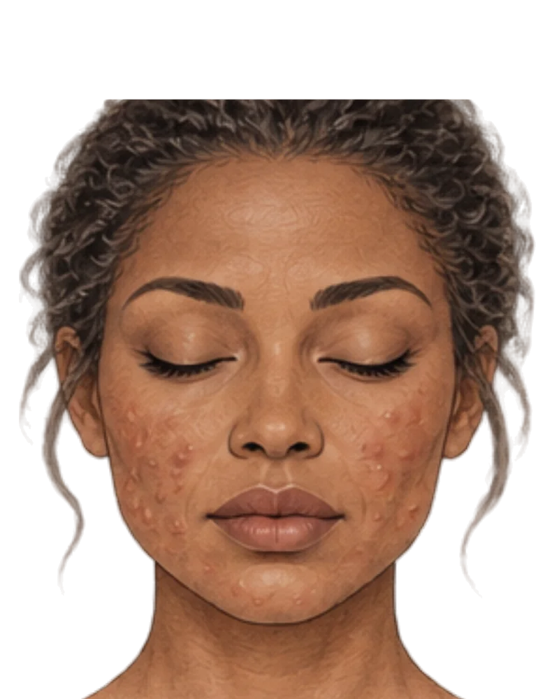 Illustration of a face with discrete spots marked on the lower cheeks and jaw, and an area of pitted texture on one cheek.