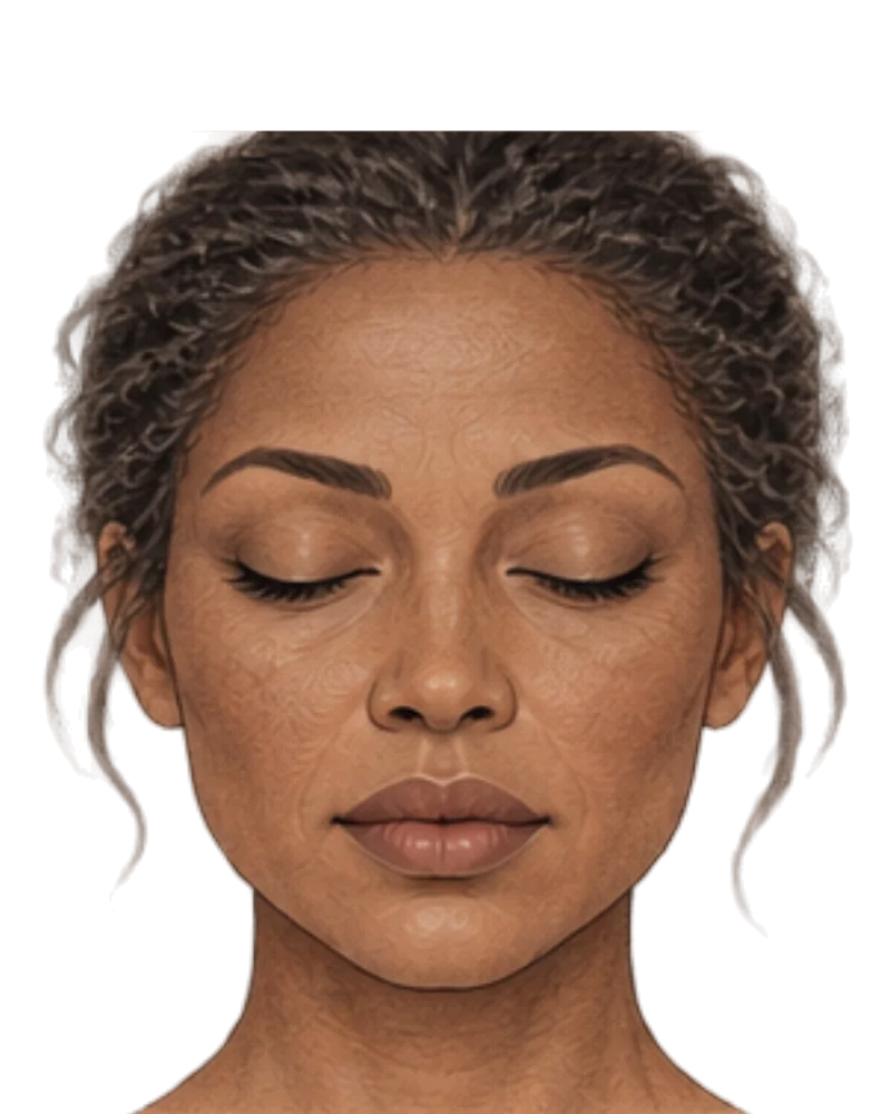 Illustration of a face with an even matte wash across the whole face and no single area singled out.