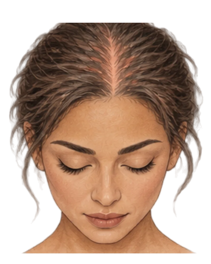 Illustration of a face tilted slightly forward showing a widened center part and recession at the temples.
