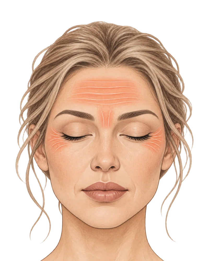 Illustration of a face with fine lines marked across the forehead, between the brows and at the outer corners of the eyes.