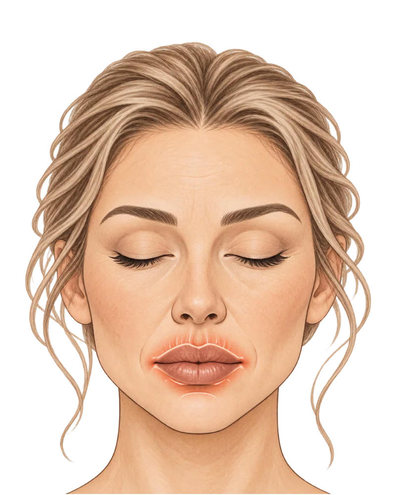 Illustration of a face with the lips, lip border and the fine lines above the upper lip marked.