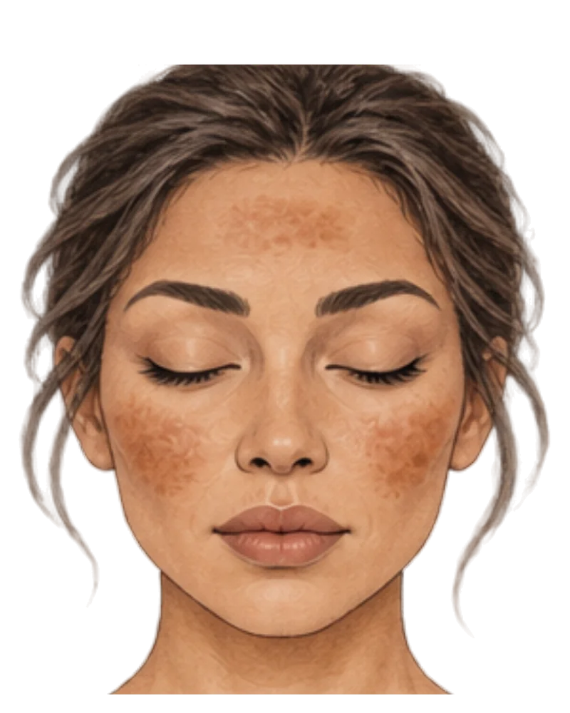 Illustration of a face with diffuse patches marked across the cheekbones, forehead and upper lip.