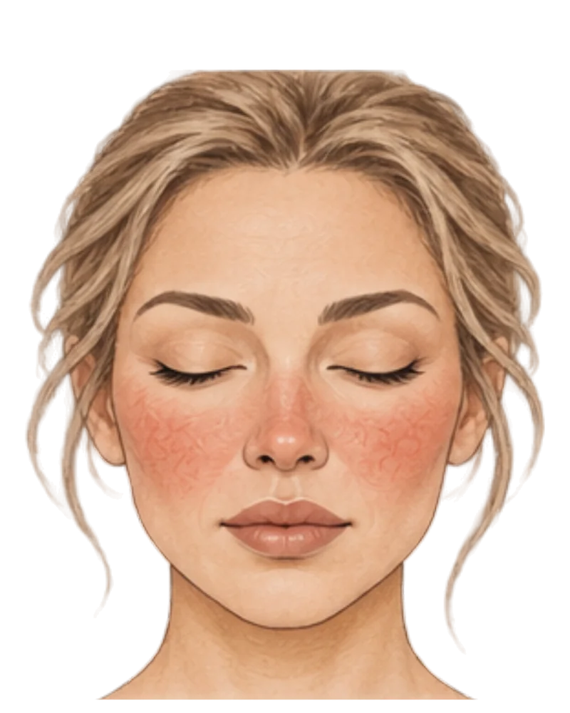 Illustration of a face with warm flush marked across the cheeks and nose, with fine visible vessels.