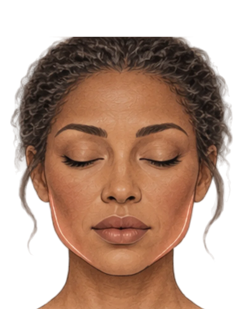 Illustration of a face with soft shading along the lower cheek and jawline, showing where skin loses firmness.
