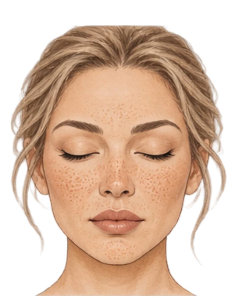 Illustration of a face with fine even stippling marked across the nose, inner cheeks and chin.