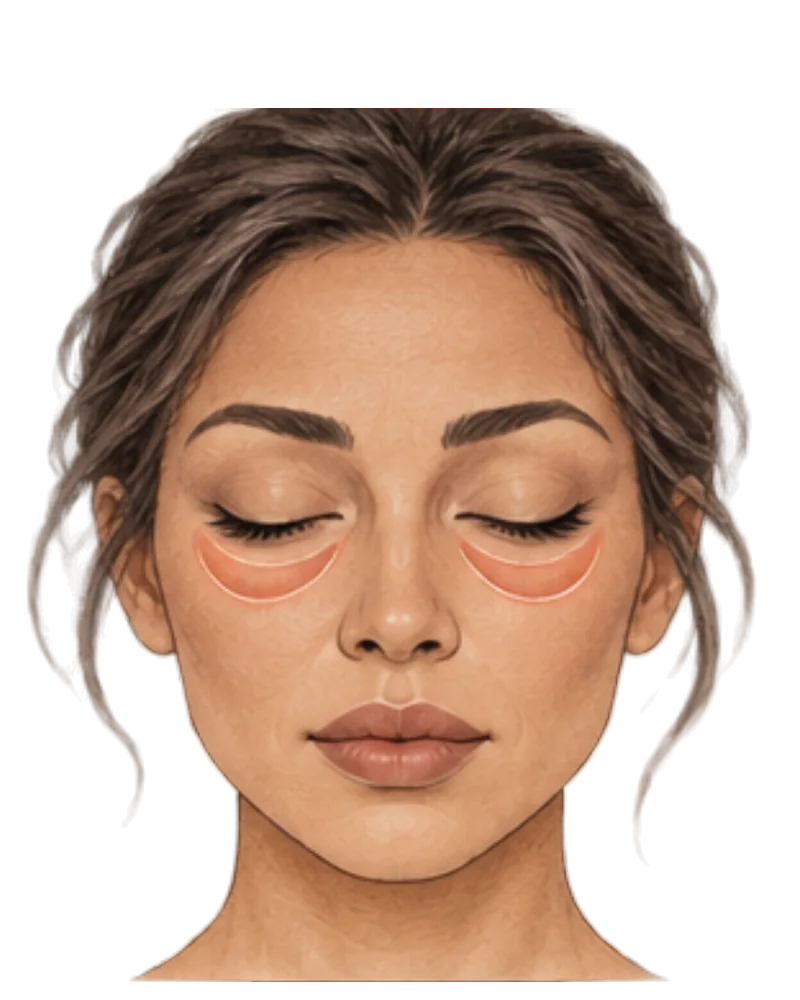 Illustration of a face with crescents marked beneath the lower lash line, showing the under-eye area.