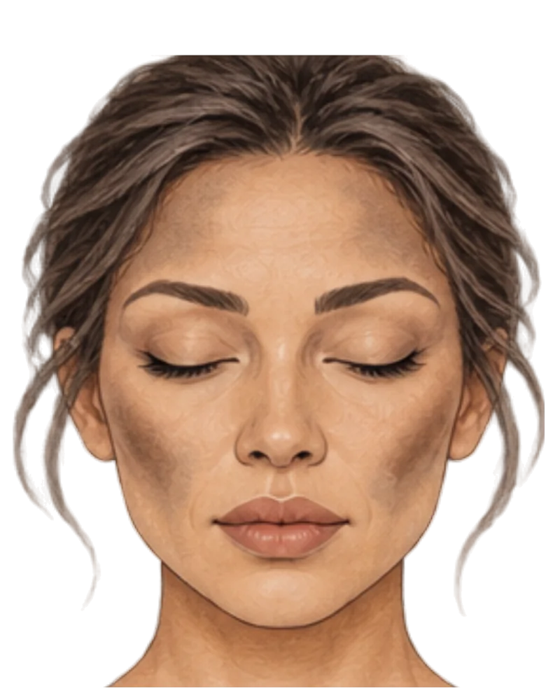 Illustration of a face with soft shadow marked at the temples and under the cheekbones, showing where volume is lost.
